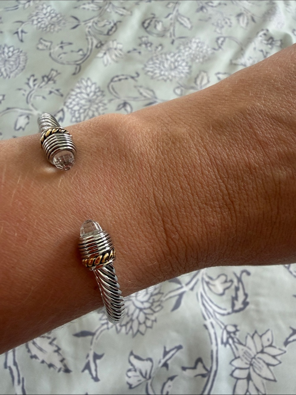 Silver and Gold-Tone Twisted Cable Cuff Bracelet with Clear Crystal Tips